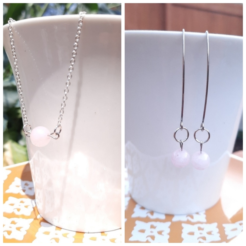 Rose Quartz Stone Simple Necklace & Dangle Earrings Bundle